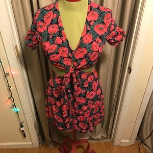 Valfre Pink Flower Backless Two Piece Dress